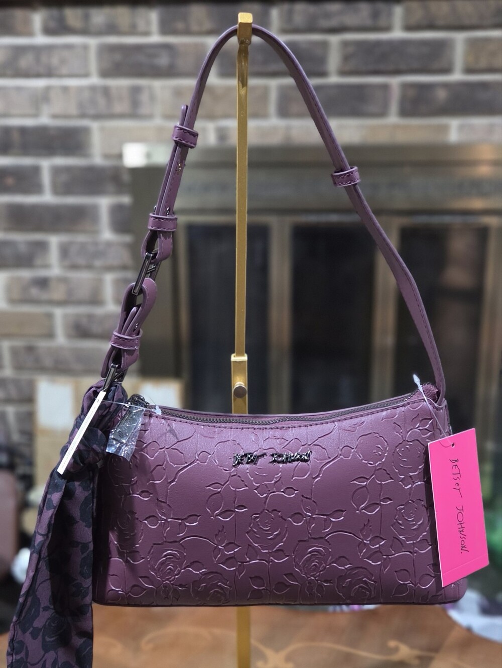 Betsey Johnson Cherry Lacquer Debossed Roses Shoulder Bag